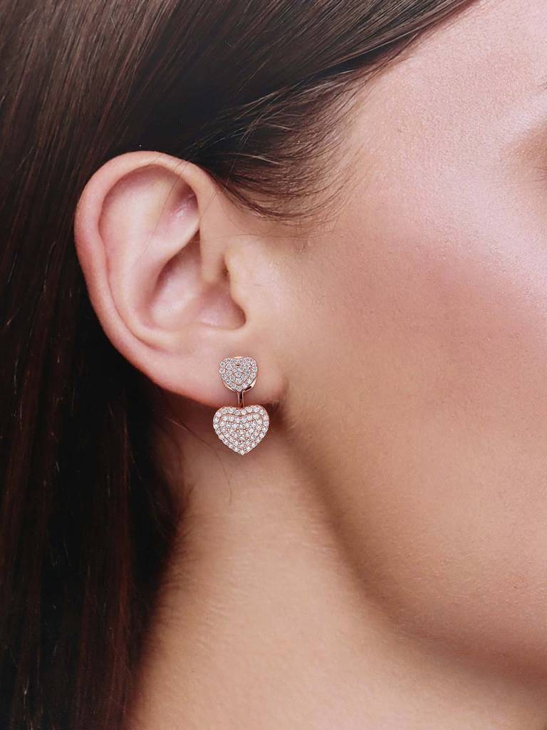 Sterling Silver Rose Gold Pave Dual Hearts Zircon Drop Earrings : ERDR76-RG-NA