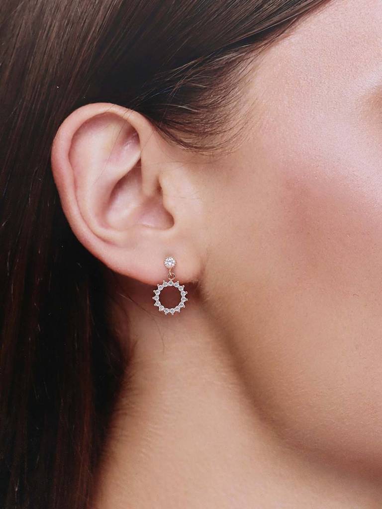 Sterling Silver Rose Gold Radiant Zircon Studded Round Drop Earrings : ERDR91-RG-NA