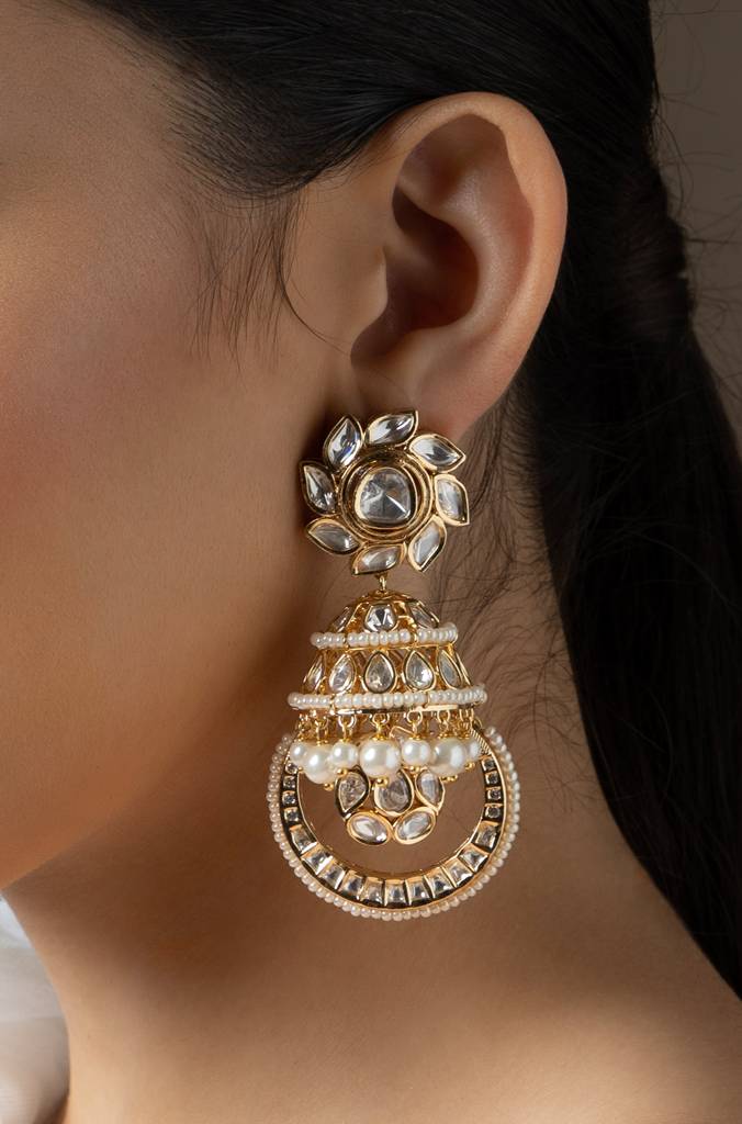 Polki And Pearl Jhumka Earrings