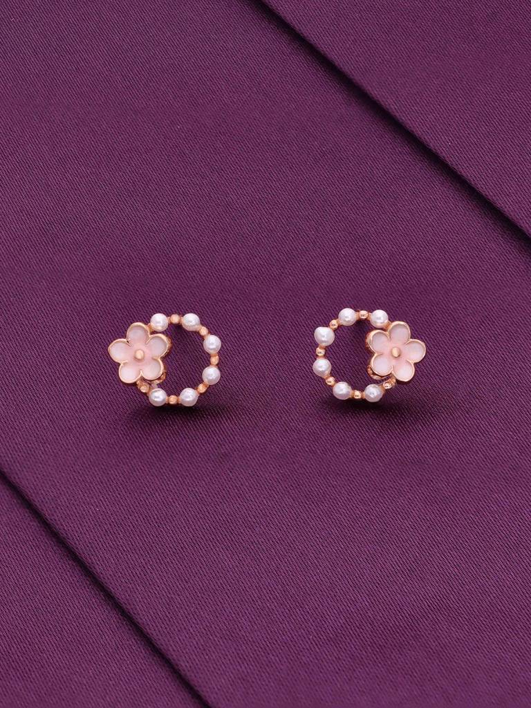 Sterling Silver Rose Gold Charming Circular Floral Pearl Stud Earrings : ERPL103-RG-NA