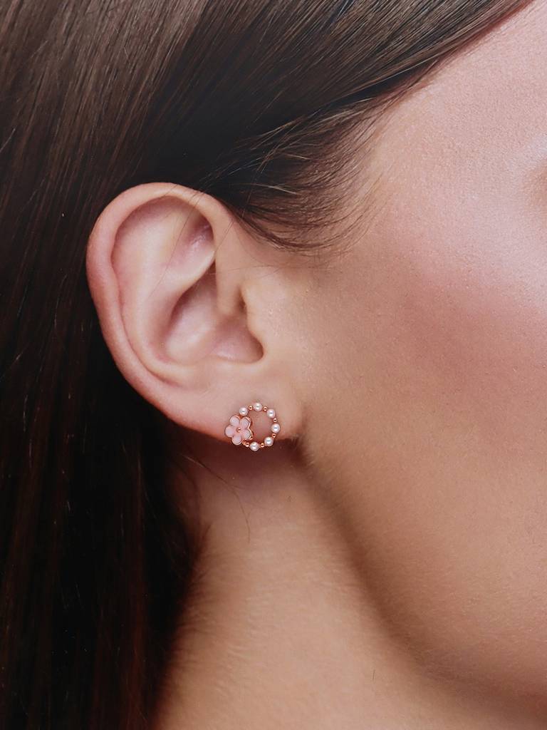 Sterling Silver Rose Gold Charming Circular Floral Pearl Stud Earrings : ERPL103-RG-NA