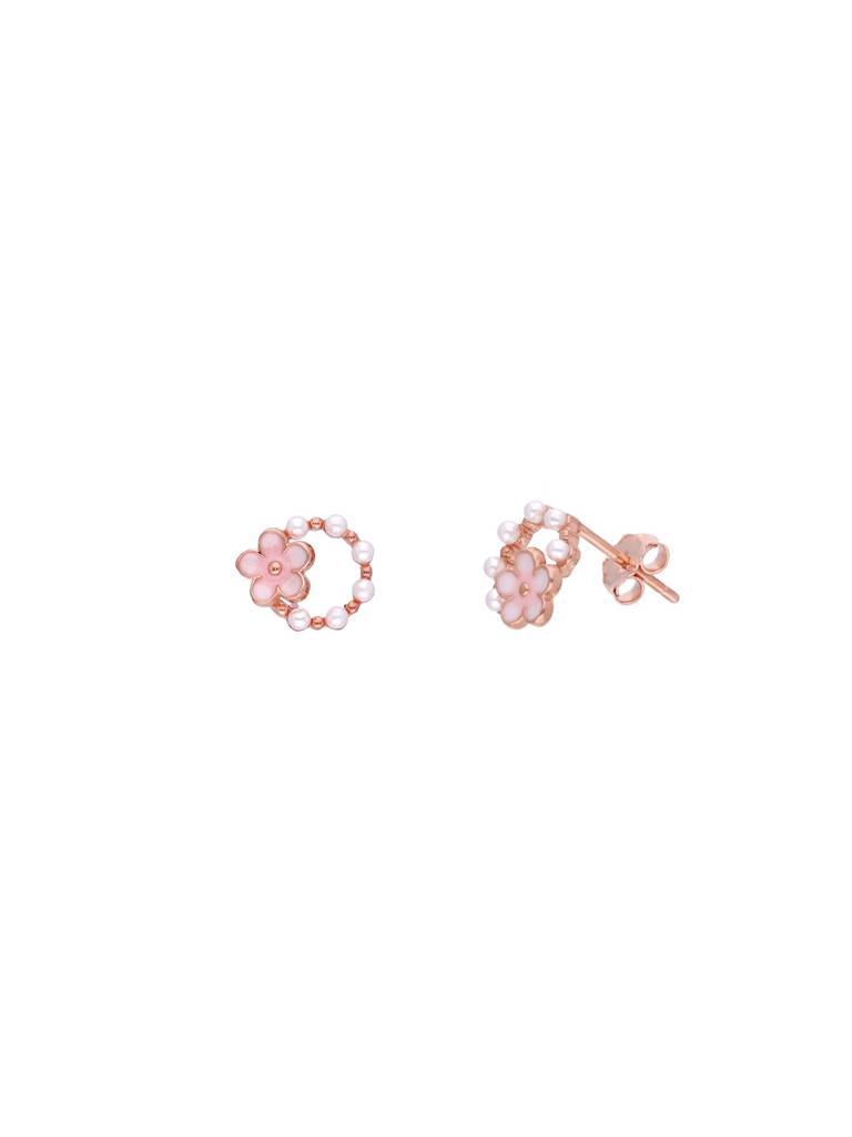 Sterling Silver Rose Gold Charming Circular Floral Pearl Stud Earrings : ERPL103-RG-NA