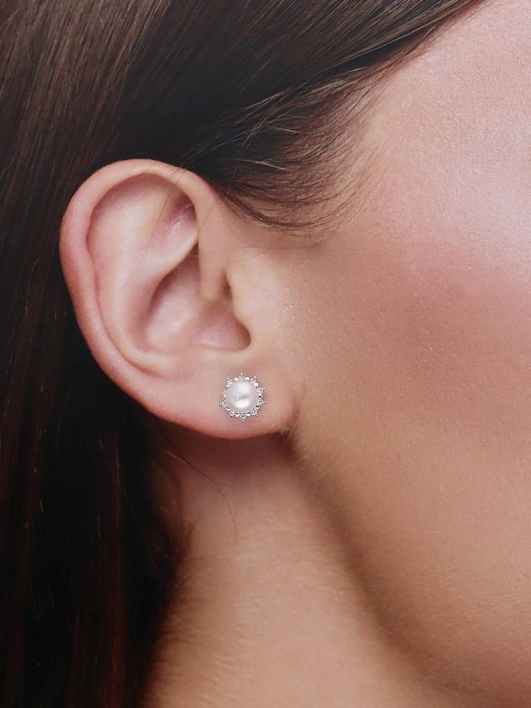 Sterling Silver Casual Zircon Studded Pearl Earrings : ERPL110-S-NA