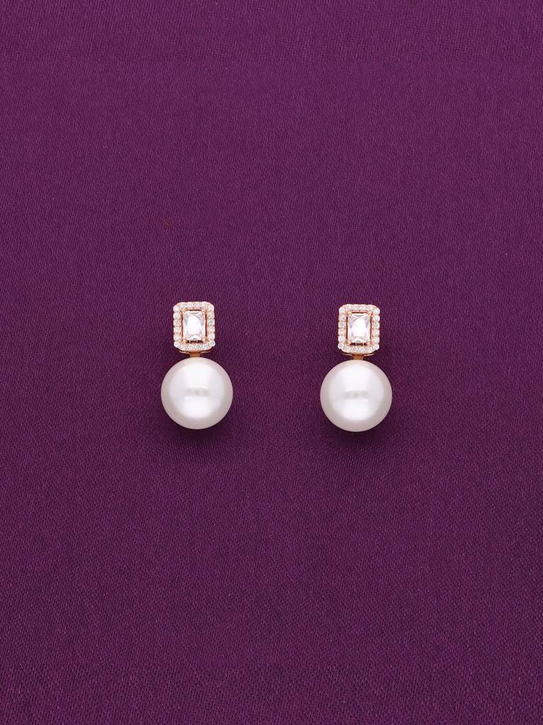 Sterling Silver Rose Gold Classic Square Solitaire With Pearl Drop Earrings : ERPL114-RG-NA