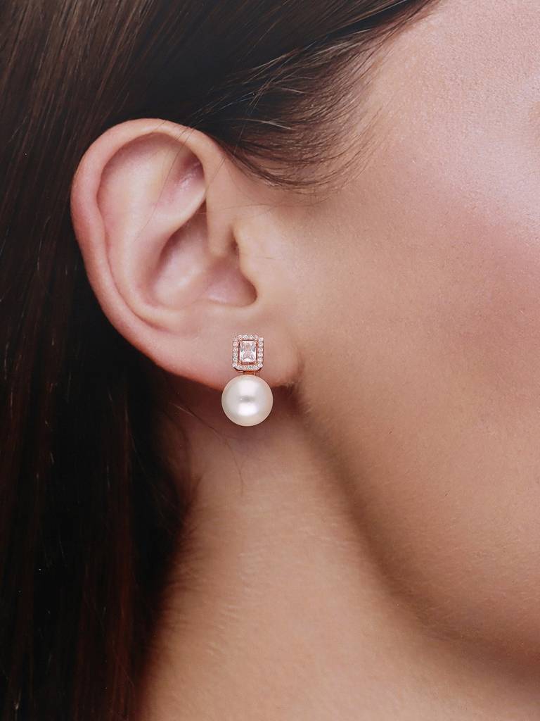 Sterling Silver Rose Gold Classic Square Solitaire With Pearl Drop Earrings : ERPL114-RG-NA