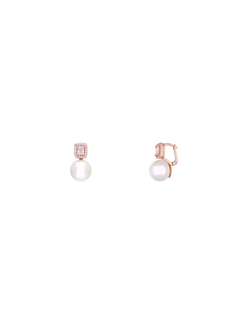 Sterling Silver Rose Gold Classic Square Solitaire With Pearl Drop Earrings : ERPL114-RG-NA