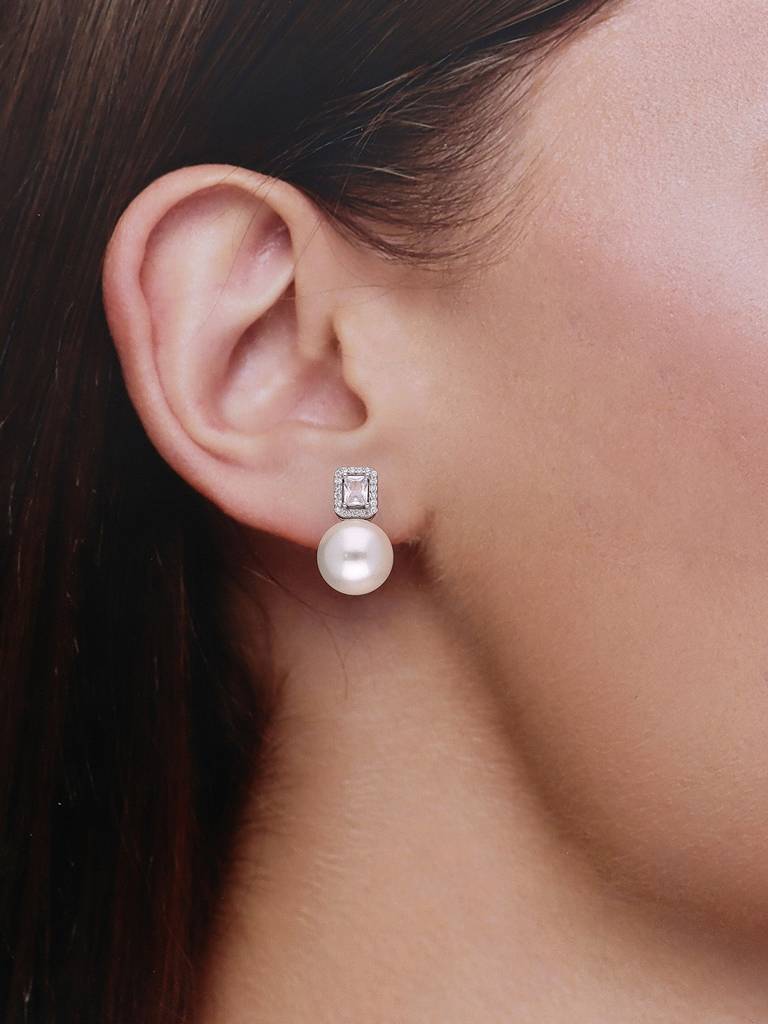 Sterling Silver Classic Square Solitaire With Pearl Drop Earrings : ERPL114-S-NA