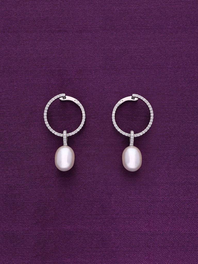 Sterling Silver Shimmering Zircon Hoops Pearl Earrings : ERPL41-S-NA