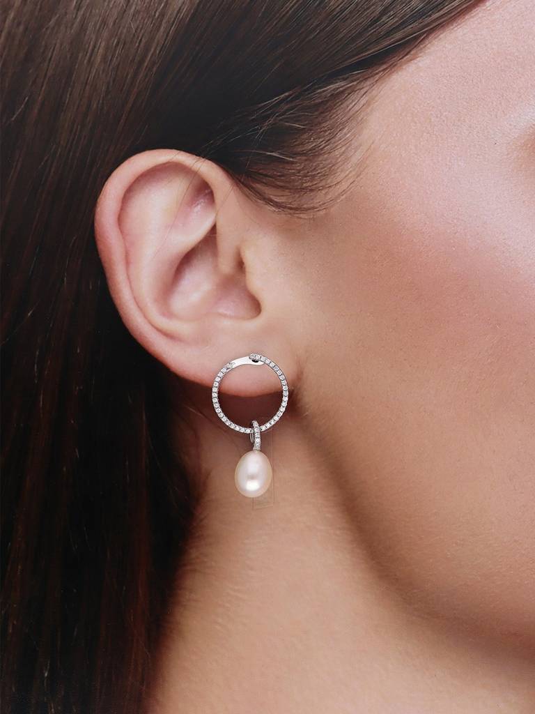 Sterling Silver Shimmering Zircon Hoops Pearl Earrings : ERPL41-S-NA