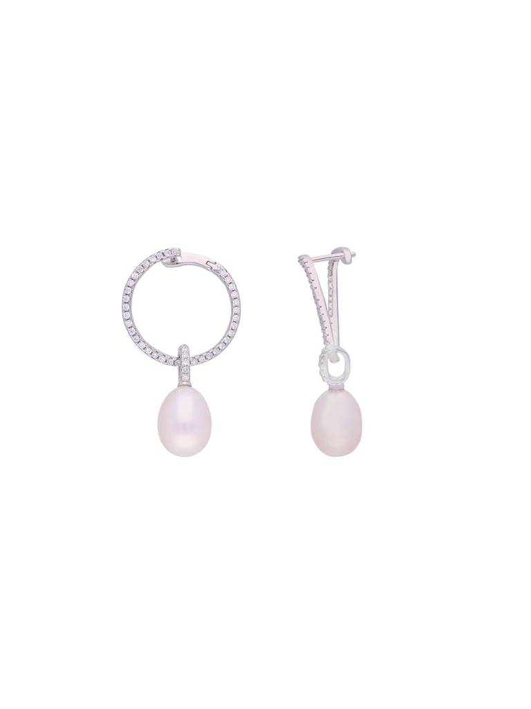 Sterling Silver Shimmering Zircon Hoops Pearl Earrings : ERPL41-S-NA