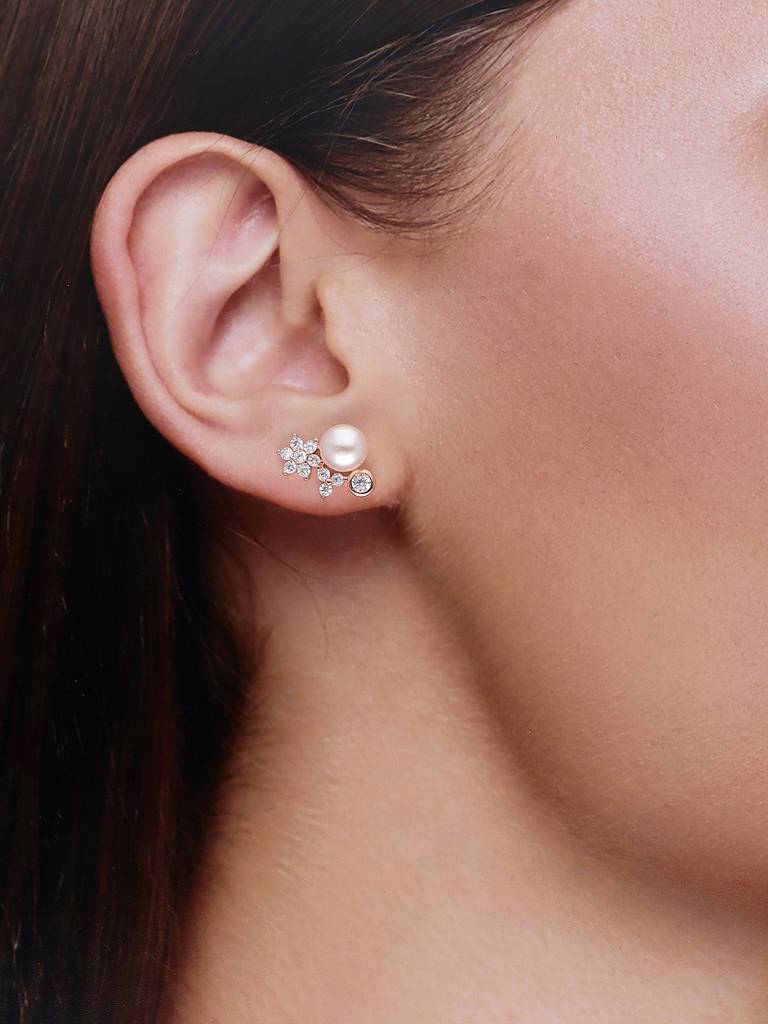 Sterling Silver Rose Gold Floral Studded Pearl Stud Earrings : ERPL59-RG-NA