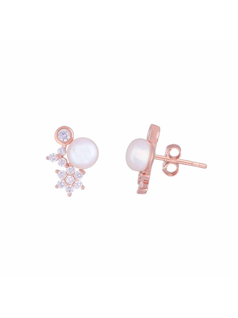 Sterling Silver Rose Gold Floral Studded Pearl Stud Earrings : ERPL59-RG-NA