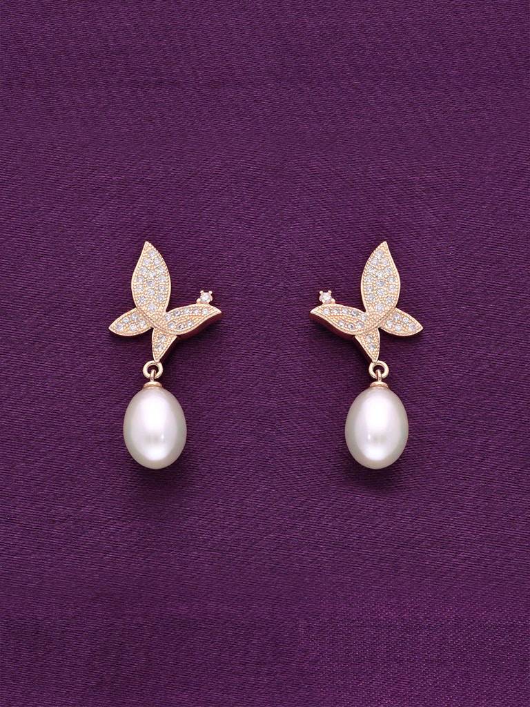 Sterling Silver Rose Gold Brilliant Butterflies Pearl Earrings : ERPL67-RG-NA