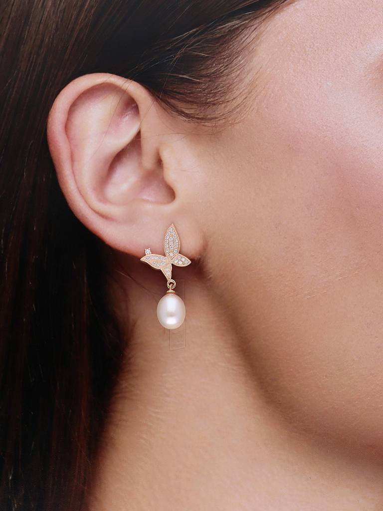 Sterling Silver Rose Gold Brilliant Butterflies Pearl Earrings : ERPL67-RG-NA