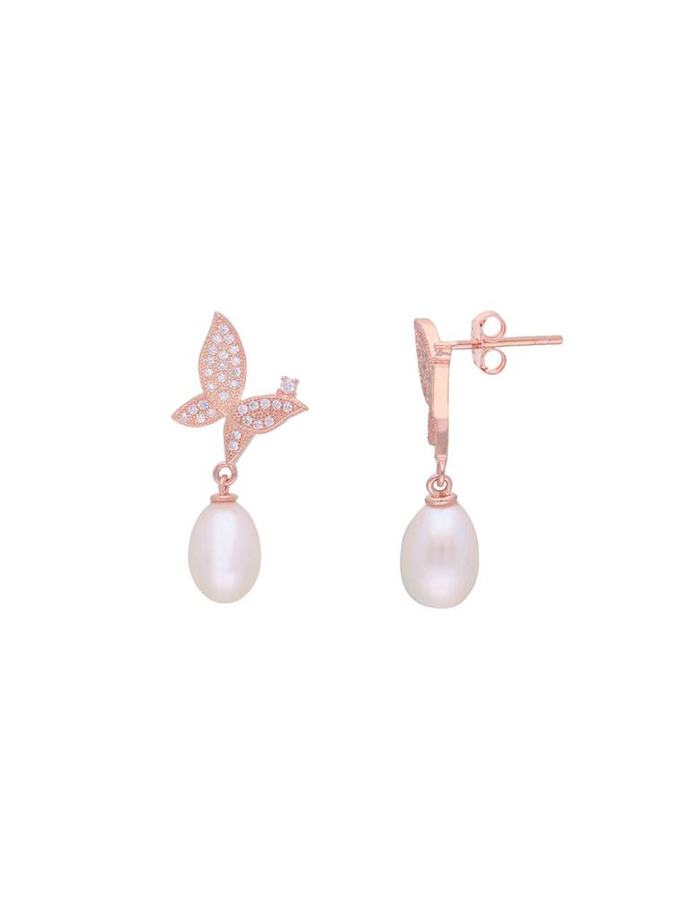 Sterling Silver Rose Gold Brilliant Butterflies Pearl Earrings : ERPL67-RG-NA