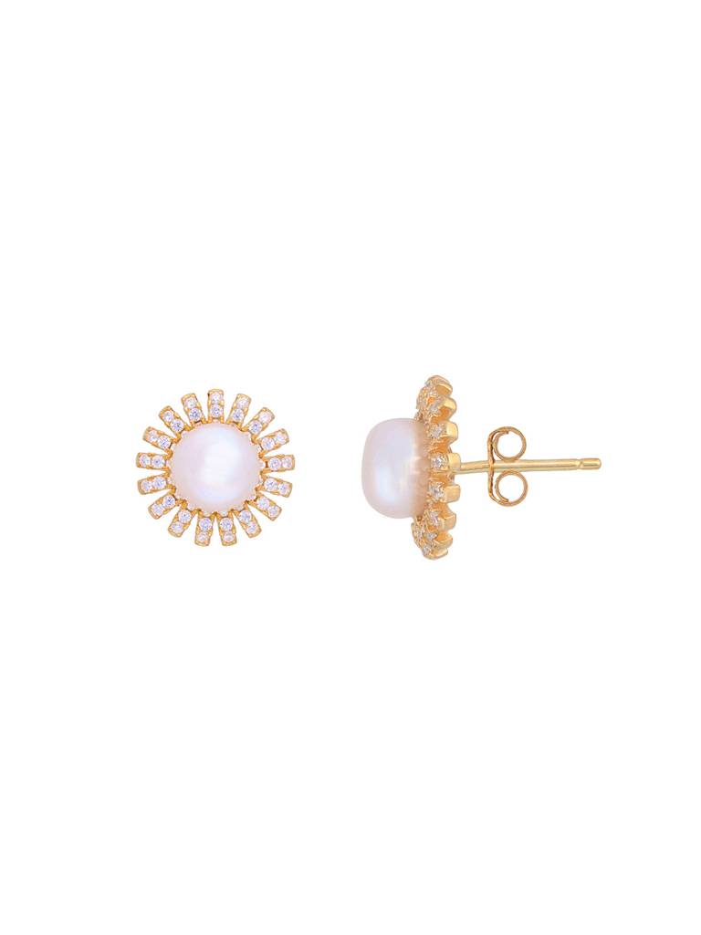 Sterling Silver Gold Classic Pearls & Zircon Studded Pearl Earrings : ERPL71-G-NA
