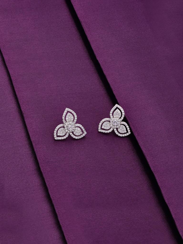 Elegant Diamond Studded Floral Sterling Silver Earrings : ERSD238-S-NA
