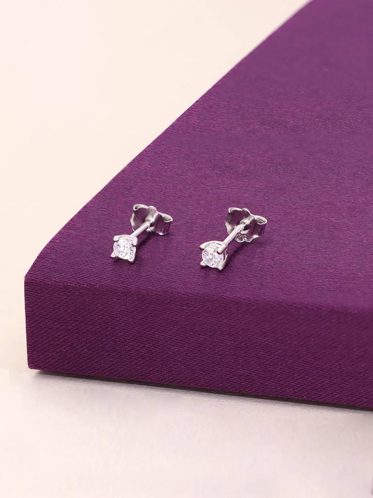 Small Solitaire Zircon Casual Silver Studs Earrings : ERSD379-S-NA