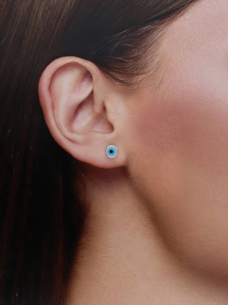 Minimalistic Circular Evil Eye Silver Earrings : ERSD401-S-NA