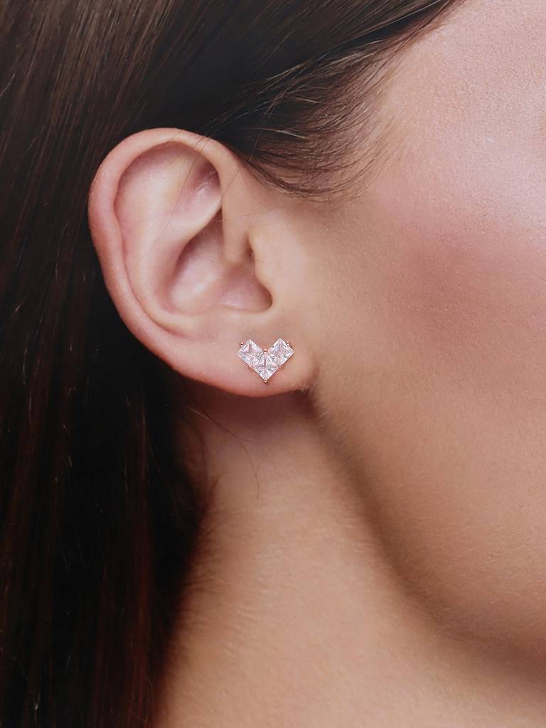 Minimal Square Crystals Heart Sterling Silver Rose Gold Studs Earrings : ERSD530-RG-NA