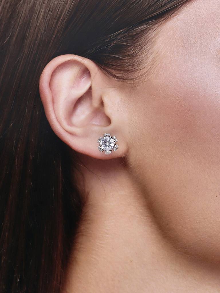 Dazzling Diamond Studded Floral Silver Earrings : ERSD560-S-NA