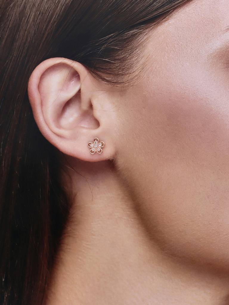 Minimalistic Diamond Studded Sakura Floral Sterling Silver Rose Gold Earrings : ERSD585-RG-NA