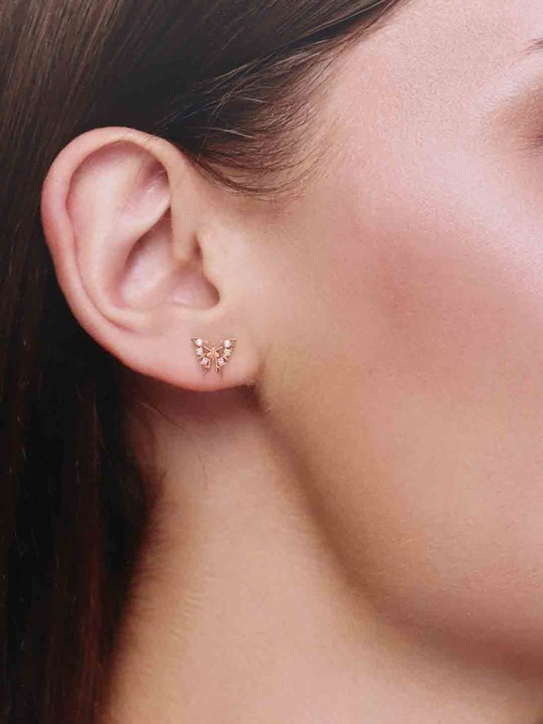 Sterling Silver Rose Gold Zircon Studded Butterfly Stud Earrings : ERSD670-RG-NA