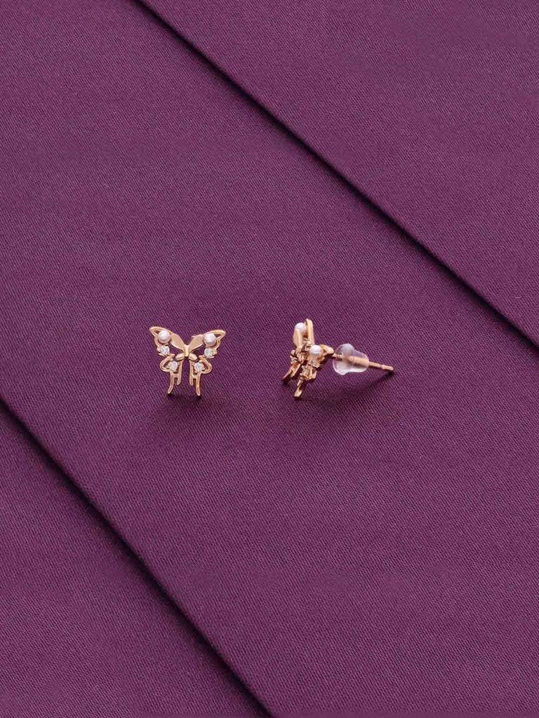 Sterling Silver Rose Gold Zircon Studded Butterfly Stud Earrings : ERSD670-RG-NA