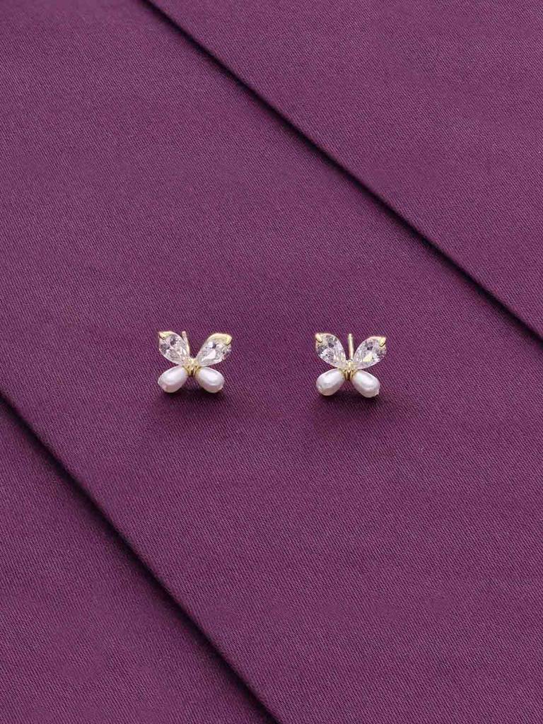 Sterling Silver Gold Pearl Zircon Studded Butterfly Stud Earrings : ERSD682-G-NA