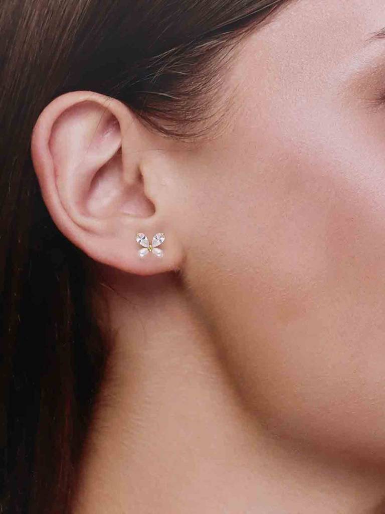 Sterling Silver Gold Pearl Zircon Studded Butterfly Stud Earrings : ERSD682-G-NA