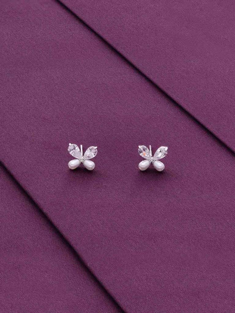 Sterling Silver Pearl Zircon Studded Butterfly Stud Earrings : ERSD682-S-NA