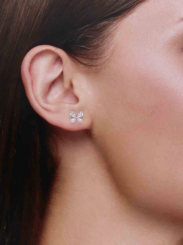 Sterling Silver Pearl Zircon Studded Butterfly Stud Earrings : ERSD682-S-NA