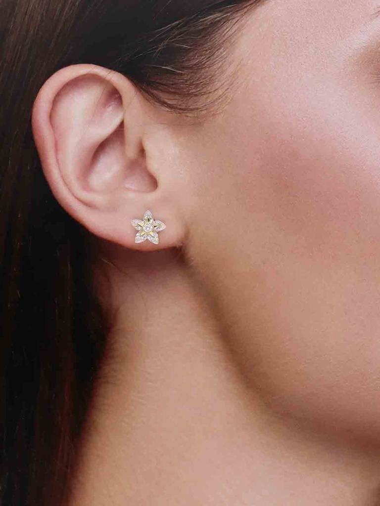 Sterling Silver Gold Solitaire Floral Stud Earrings : ERSD683-G-NA