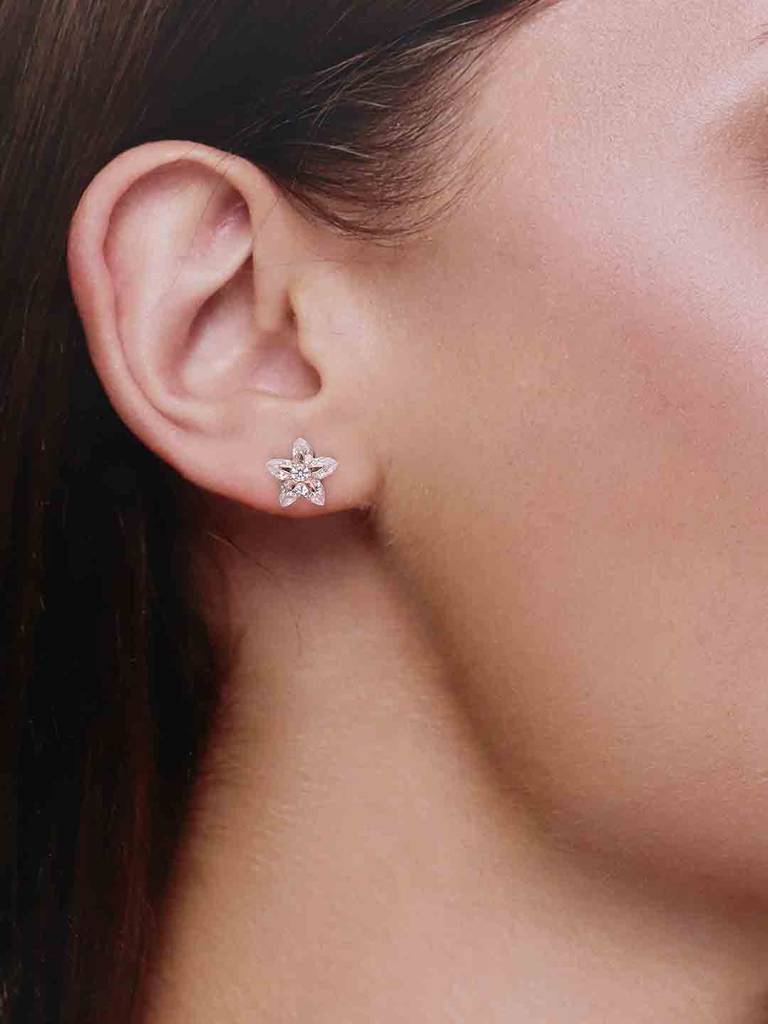 Sterling Silver Rose Gold Solitaire Floral Stud Earrings : ERSD683-RG-NA
