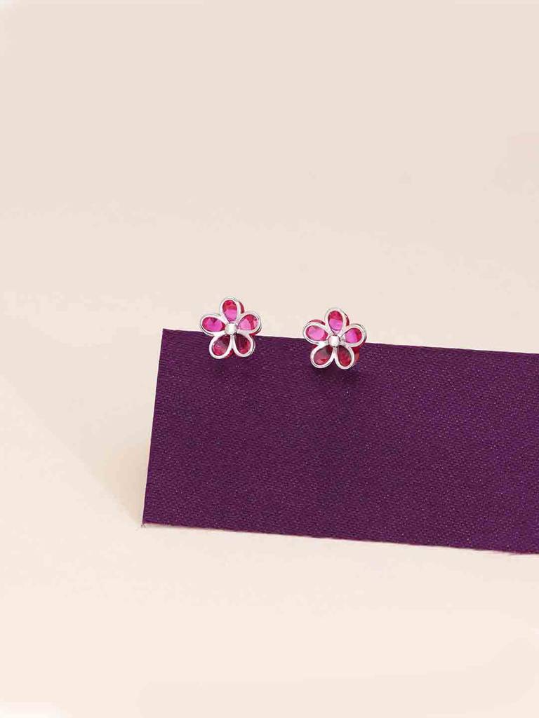 Sterling Silver Colorful Pink Floral Stud Earrings : ERSD688-S-NA