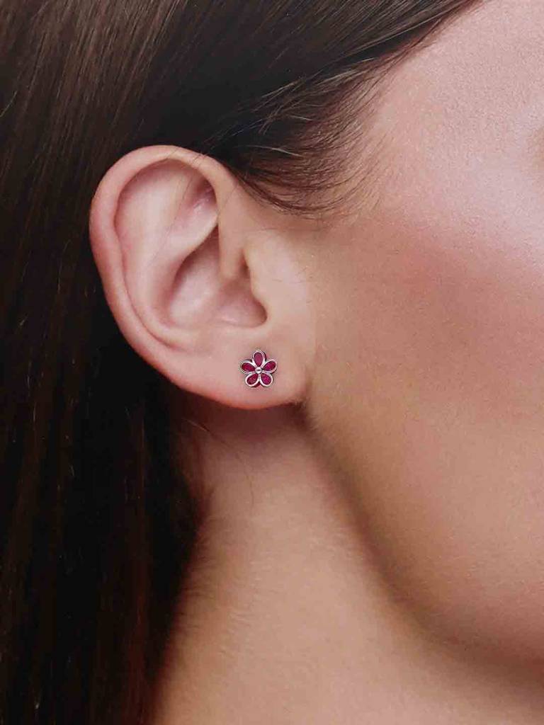 Sterling Silver Colorful Pink Floral Stud Earrings : ERSD688-S-NA