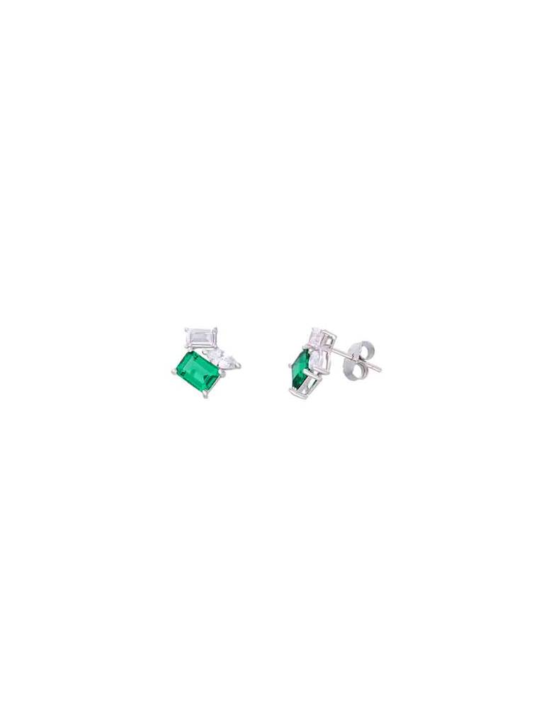 Sterling Silver Elegant Emerald & Diamond Stud Earrings : ERSD692-S-NA