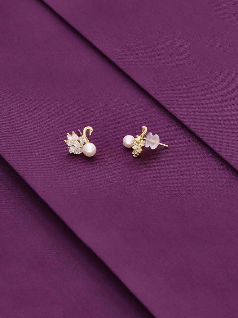 Sterling Silver Gold Pearl Swan Stud Earrings : ERSD727-G-NA