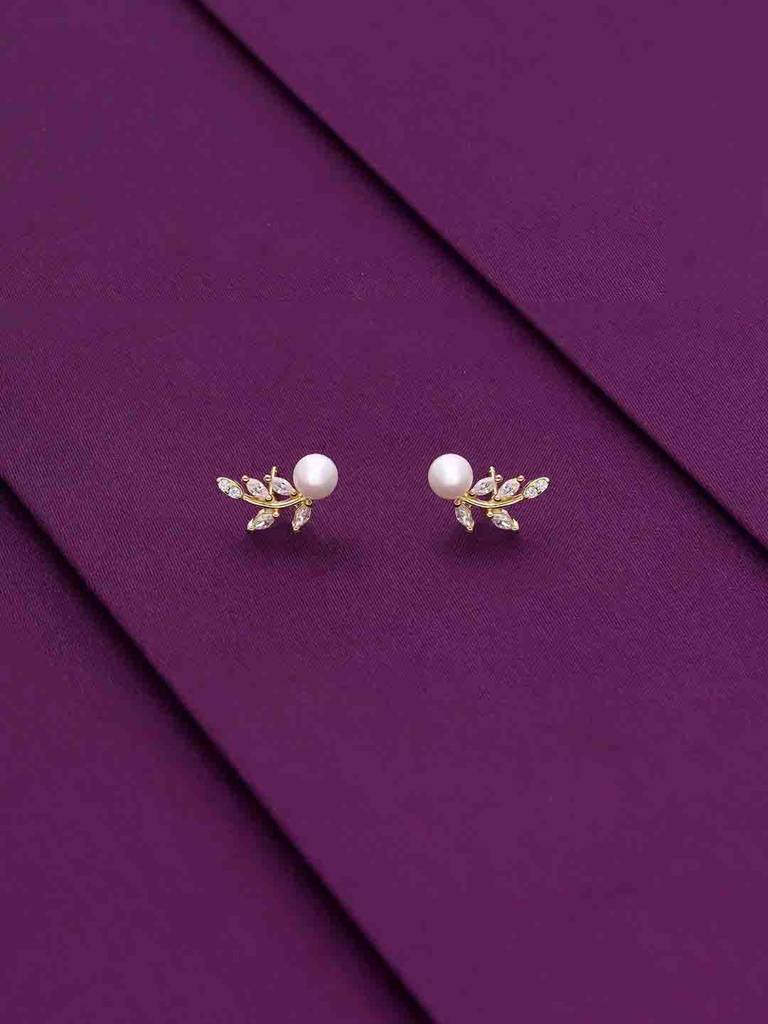 Sterling Silver Gold Pearl Leaf Stud Earrings : ERSD738-G-NA