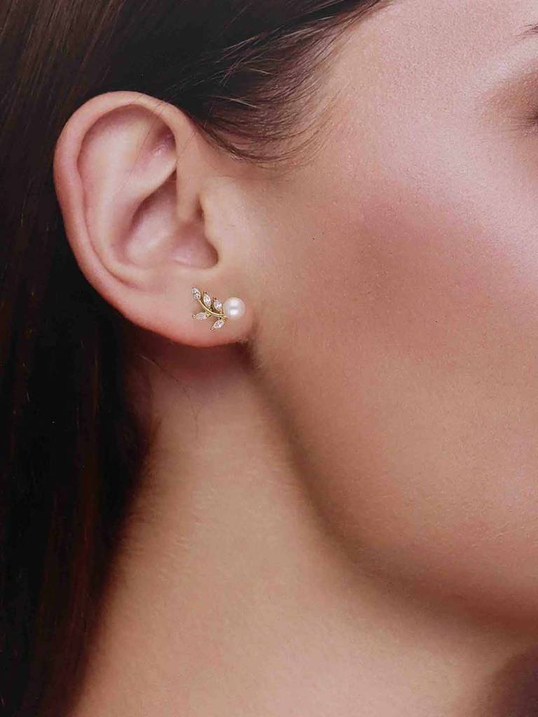 Sterling Silver Gold Pearl Leaf Stud Earrings : ERSD738-G-NA