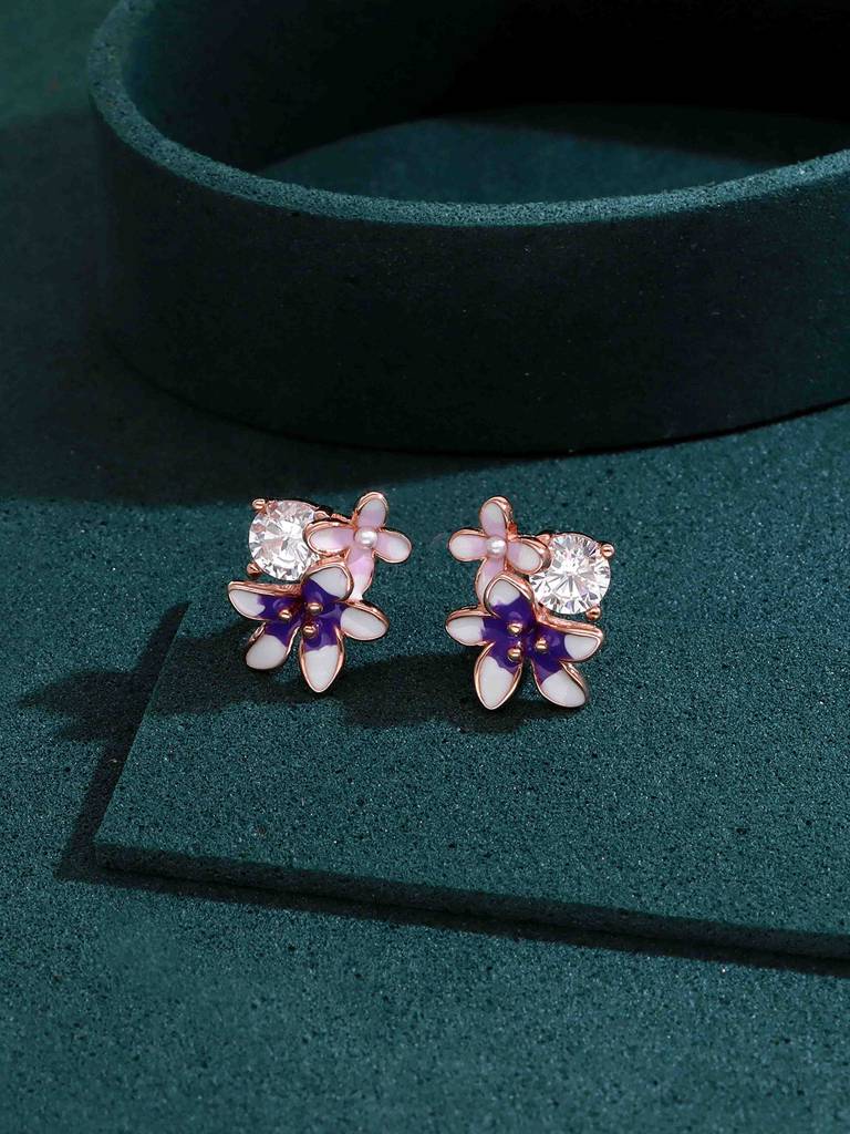 925 Silver Sparkling Enamel Flower Stud Earrings : ERSD792-RG-NA