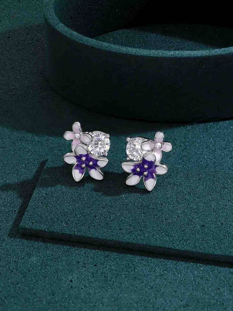 925 Silver Sparkling Enamel Flower Stud Earrings : ERSD792-S-NA