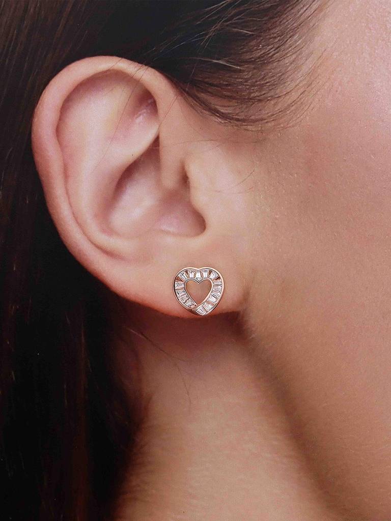 925 Silver Heart-Shaped Baguette Stud Earrings : ERSD804-RG-NA