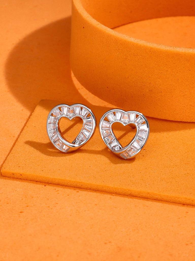925 Silver Heart-Shaped Baguette Stud Earrings : ERSD804-S-NA