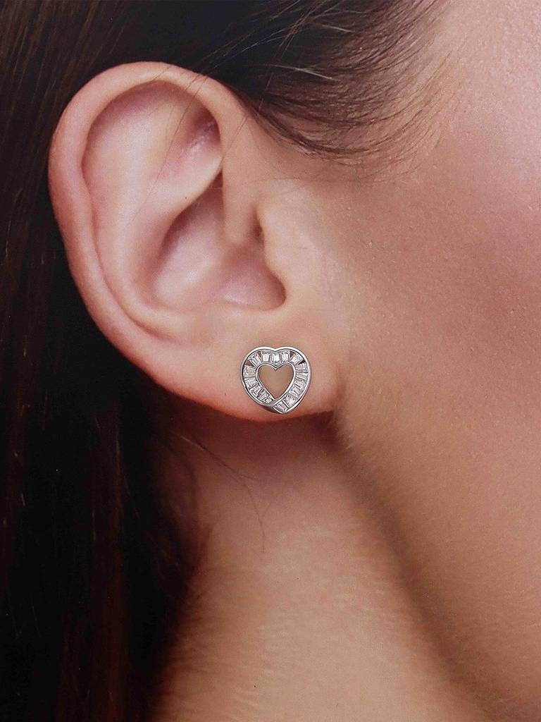 925 Silver Heart-Shaped Baguette Stud Earrings : ERSD804-S-NA