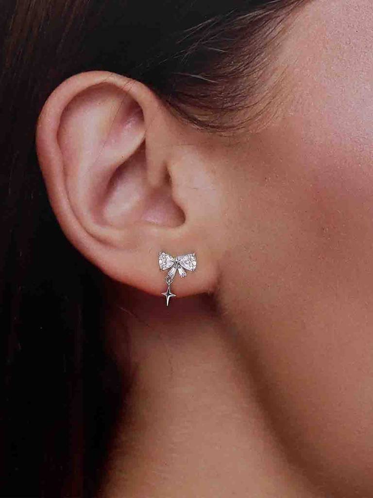 925 Sterling Silver Dainty Bow And Star Stud Earrings : ERSD806-S-NA