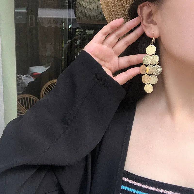 Nightclub Exaggerated Tassel Frosted Disc Gold Earrings For Women & Girls : ES10177