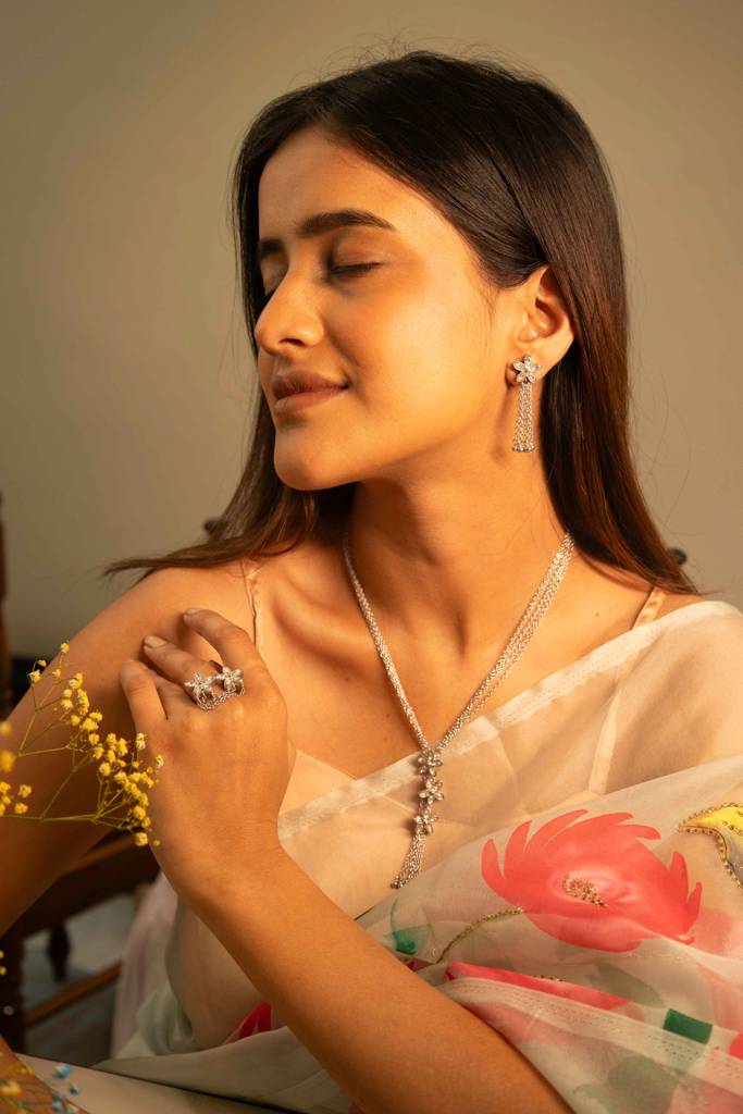 Essence Kundan Flower Sequence Chain Cluster Earring Ring Necklace Set : SNS13251