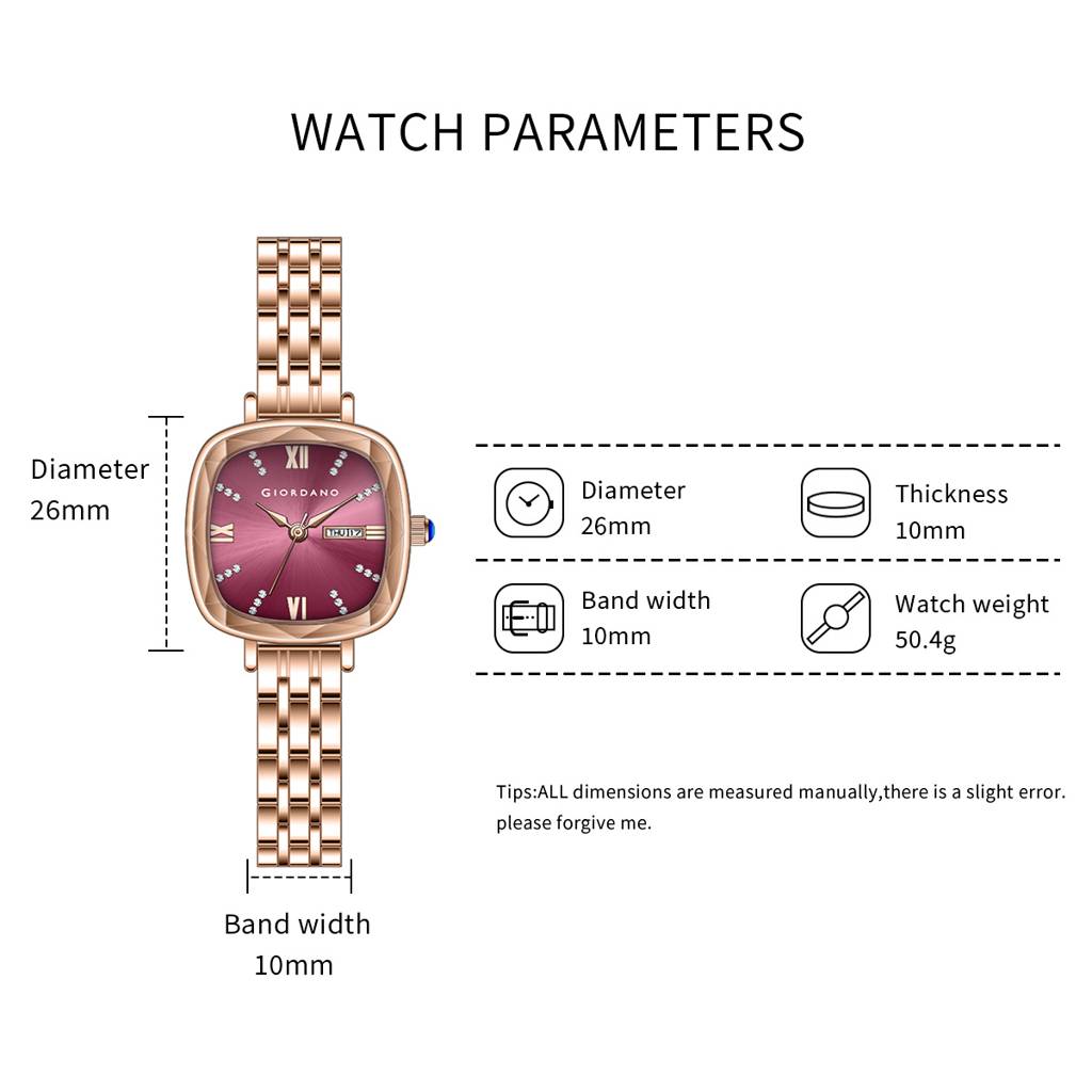 Giordano Elegant Square Rose Gold Watch For Women Â Crystal & Roman Hour Markers, Day-Date Display, Stainless  : GZ-60097-11