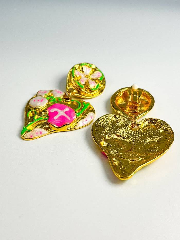Chic Pink And Green Vintage Clip On Earrings : E0038
